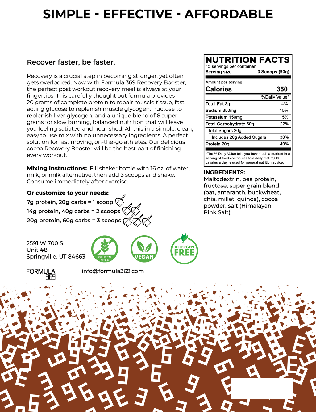 Formula 369 Recovery Booster - Vegan 3:1 carb to protein drink mix