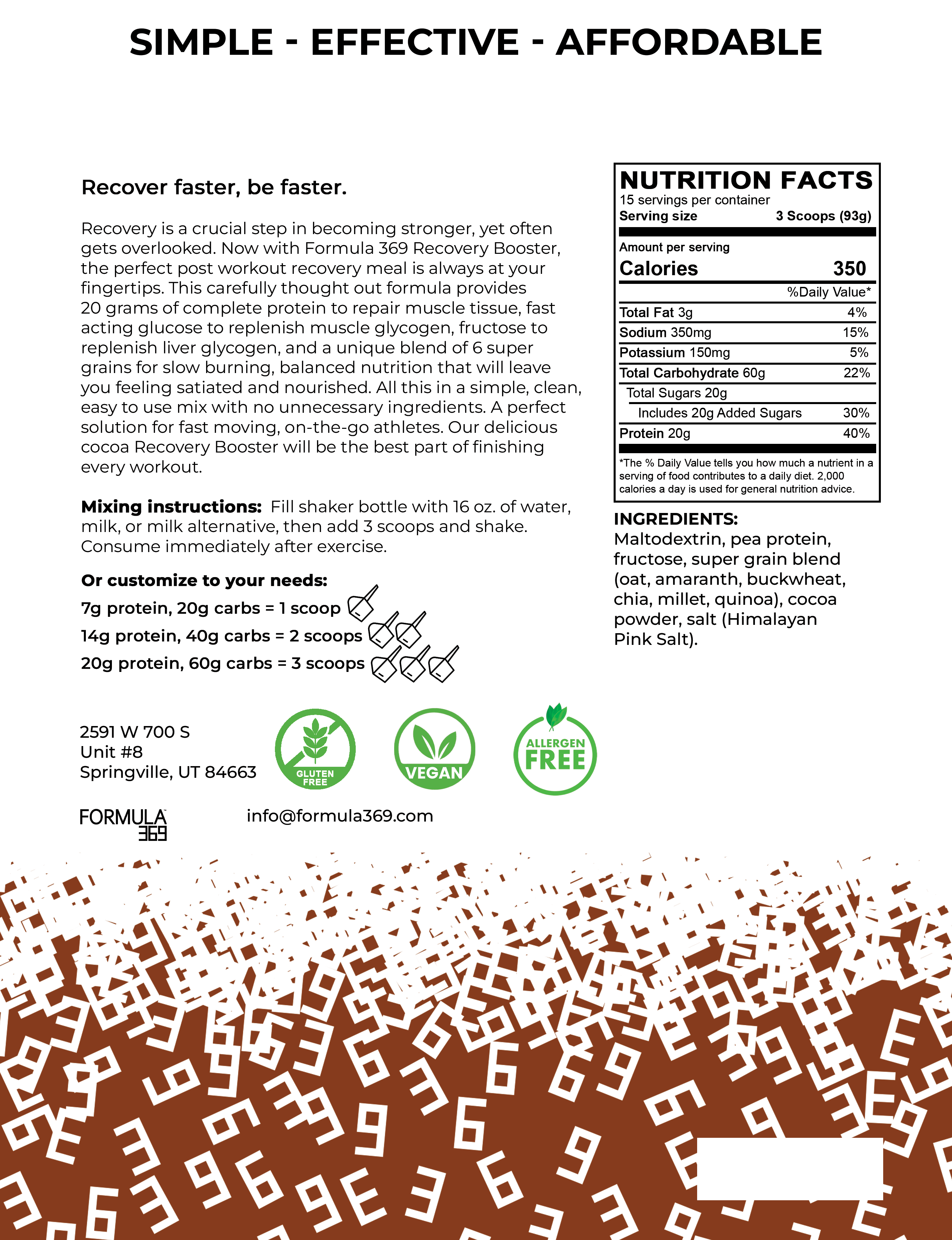 Formula 369 Recovery Booster - Vegan 3:1 carb to protein drink mix