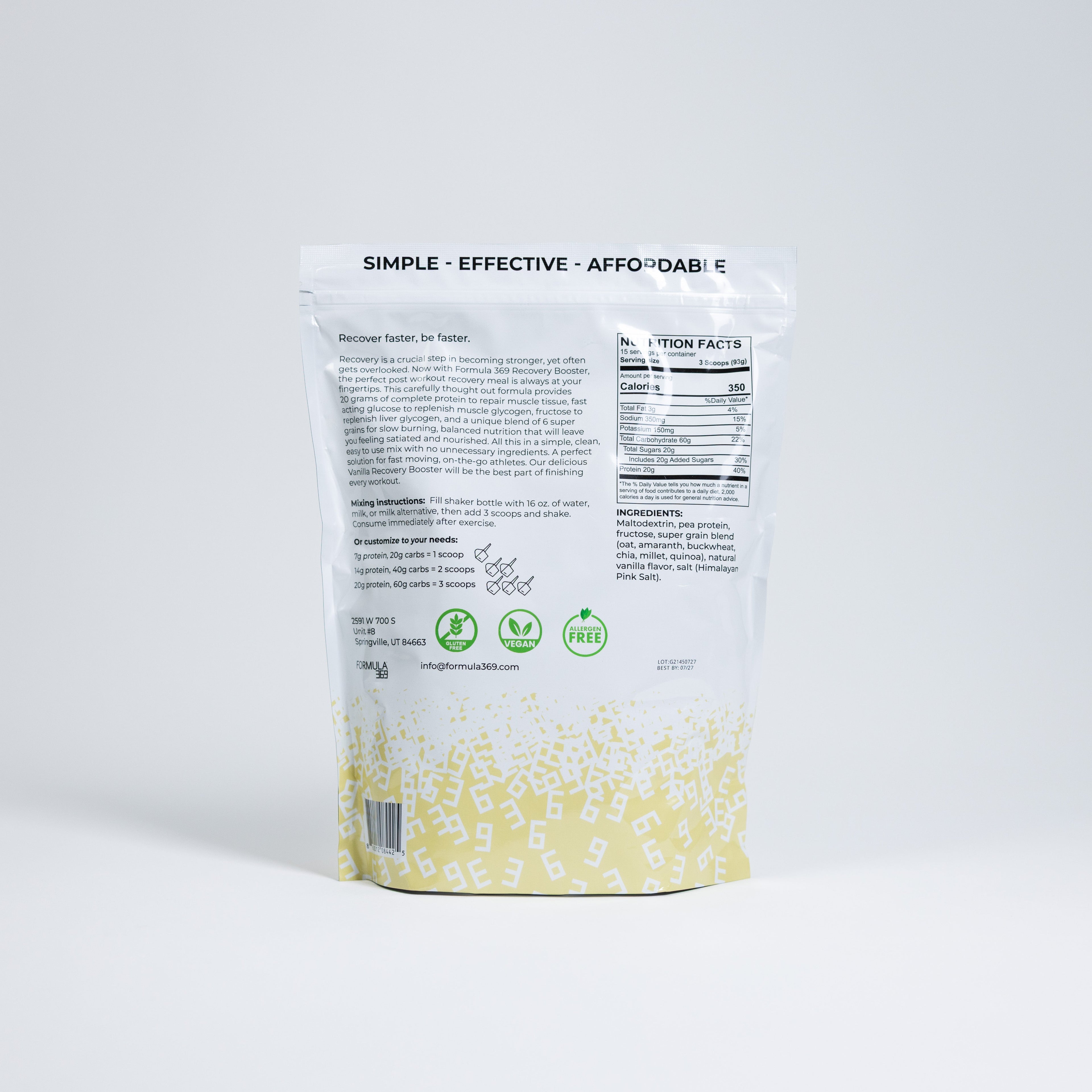Formula 369 Recovery Booster - Vegan 3:1 carb to protein drink mix